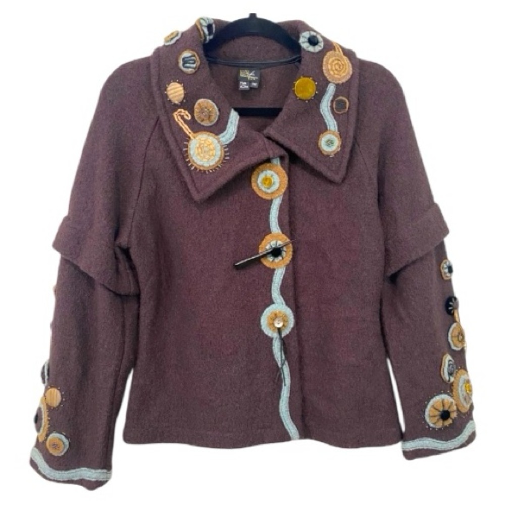 CoVelo 100% Wool Jacket Gorgeous Details Beaded Artsy Design Size Medium Quirky